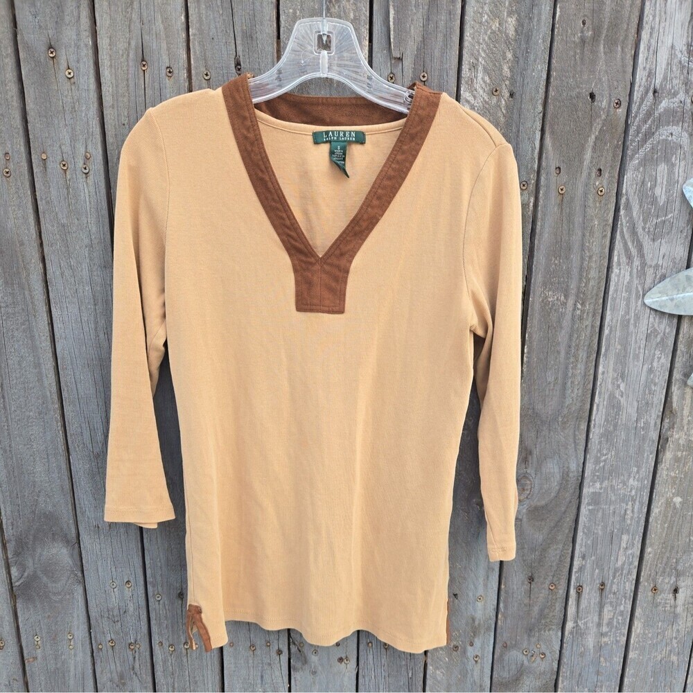 Ralph Lauren Top Womens Small V Neck Shirt Beige Khaki Tan Brown Cotton Long